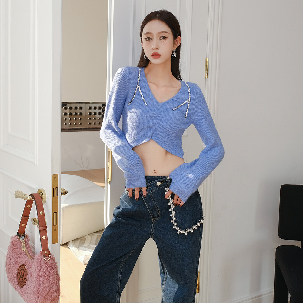 钻石肩链蓝色设计师牛仔长裤上衣