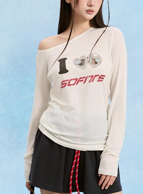 SOFITTE 25SS春夏新款 白色斜肩趣味印花长袖打底衫
