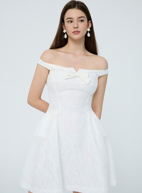 ESTER HSU 25AW 月光织梦·蝴蝶结装饰一字领露肩收腰蕾丝连衣裙