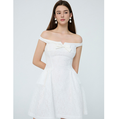 ESTER HSU 25AW 月光织梦·蝴蝶结装饰一字领露肩收腰蕾丝连衣裙