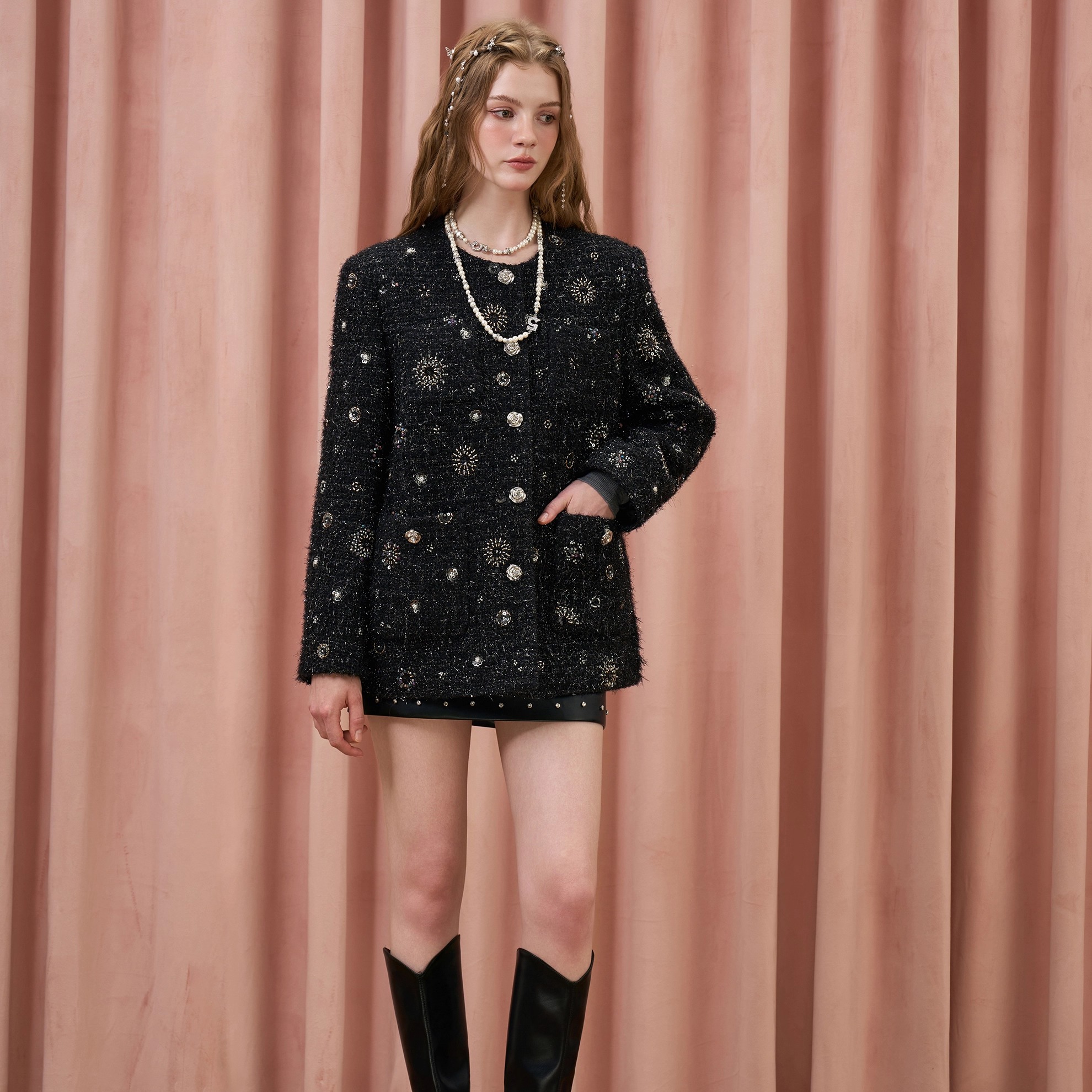 Three Quarters 25AW 曜石黑 琥珀鎏金重工刺 绣羊毛小香风外套