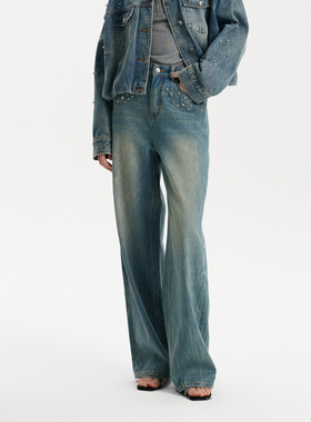 Three Quarters 25SS蓝色做旧水洗金属烫片牛仔裤春季新品长裤女