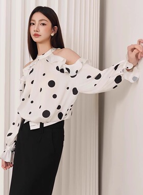 Three Quarters25SS 白色波点挖肩荷 叶边宽松衬衣 翻边半裙套装