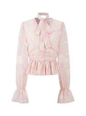 Three Quarters25SS 花粉色V领褶皱雪纺上衣