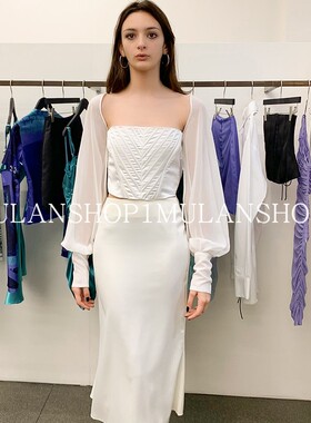 【折】Danielle Guizio2QSS年新款白色一字肩短款上衣/长款半身裙