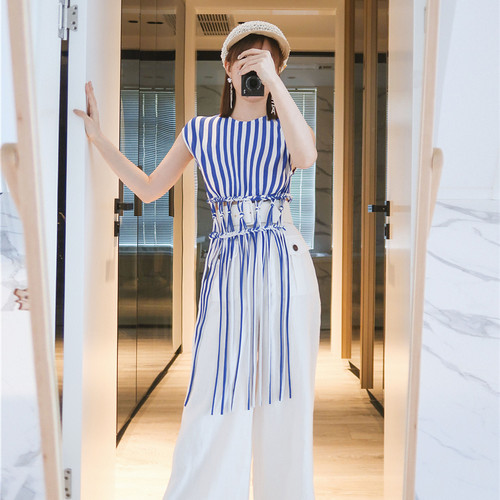 【折】Ports1961宝姿春夏新款流苏装饰条纹坎肩上衣