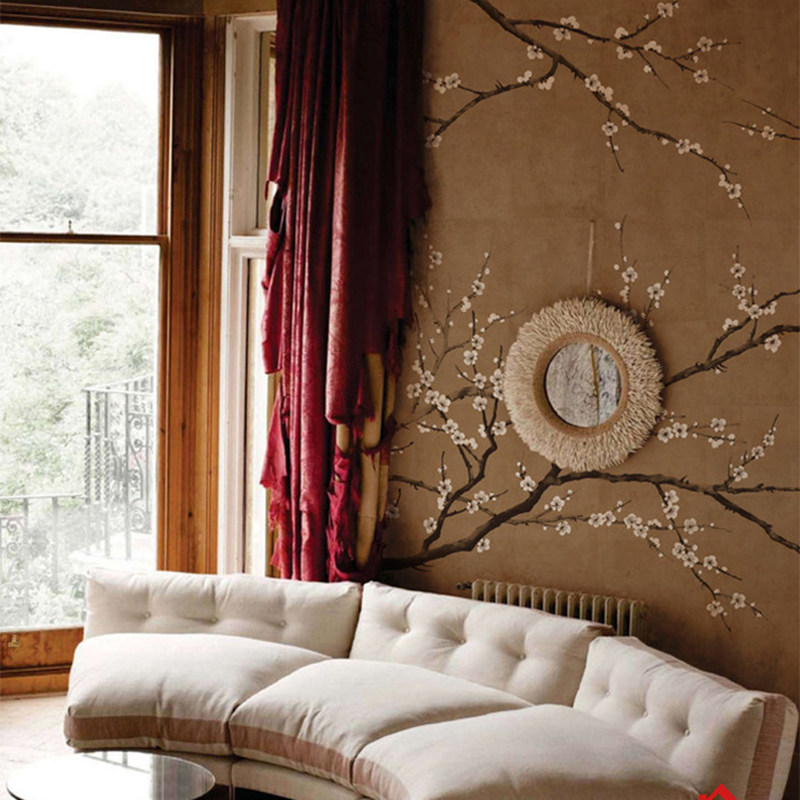 桃李芬芳定制墙画壁画 中式花鸟风 客厅卧室沙发书房背景无缝壁画