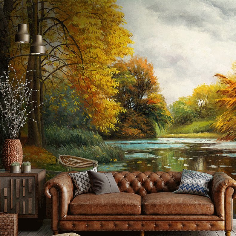 色界个性定制 油画风景北欧式湖边风景客厅电视背景墙纸无缝壁画