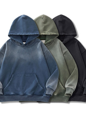 DRIVESTRAIGHT：主线25AW复古水洗喷马骝破坏加绒带帽卫衣帽衫