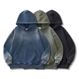 DRIVESTRAIGHT：主线25AW复古水洗喷马骝破坏加绒带帽卫衣帽衫