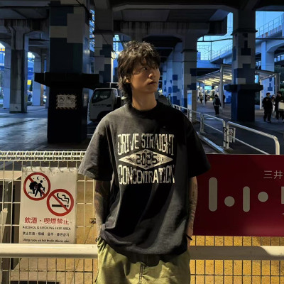 DRIVESTRAIGHT 25SS支线日系水洗破坏做旧宽松印花圆领短袖T恤