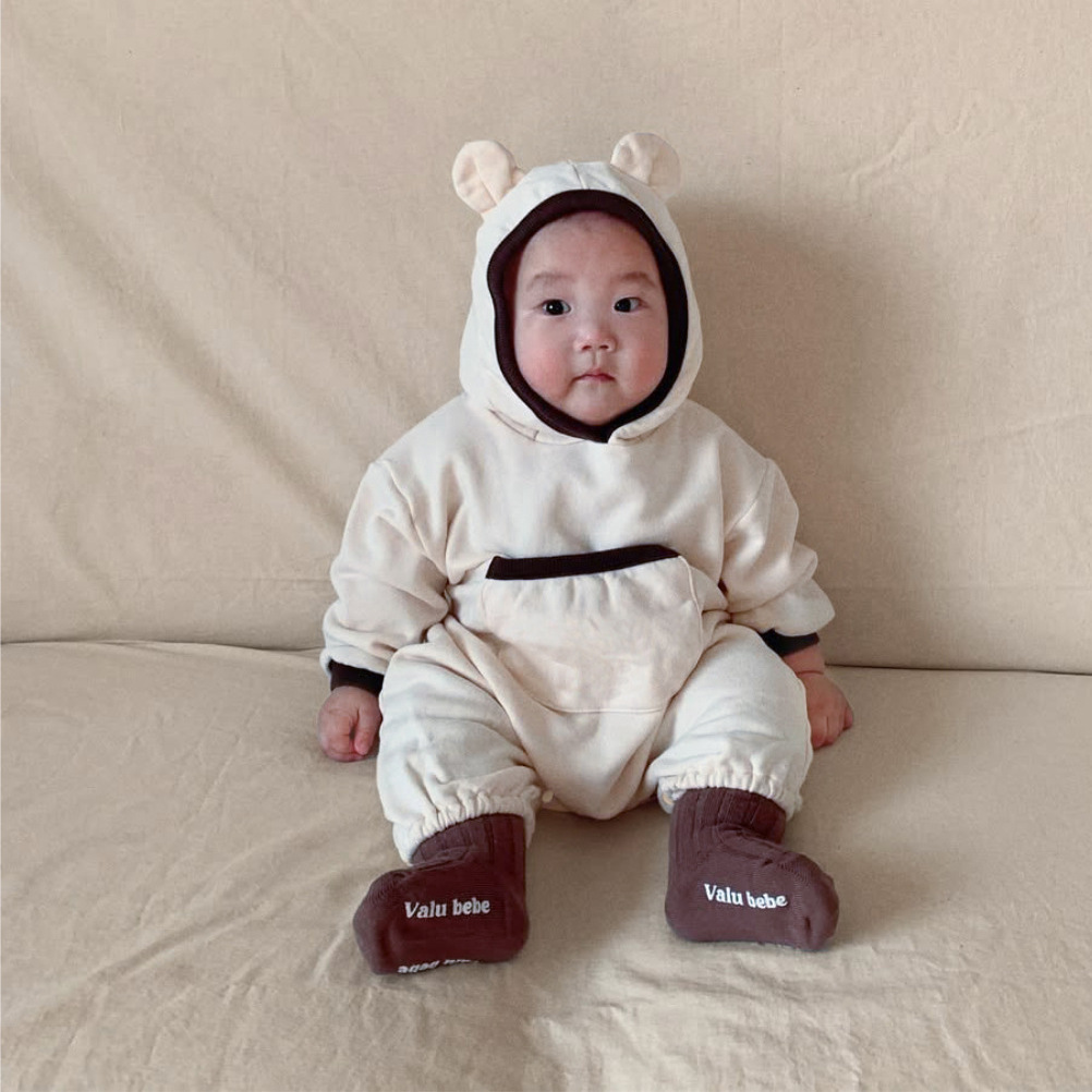 婴儿连体衣可爱大口袋熊耳朵连帽长款卫衣爬服宝宝新生儿衣服秋装