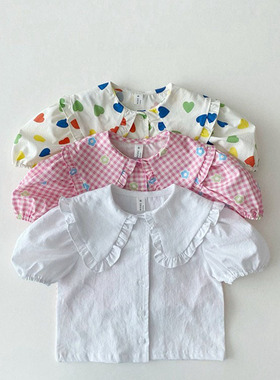 BBABBA韩版2024夏款女童衬衫简约棉短袖甜美女童爱心格子翻领衬衫