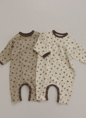 BBABBA韩版华夫格小碎花婴儿连体衣2024新款宝宝爬服哈衣包屁衣