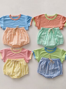 BBABBA韩版2024夏季新款男女宝宝格子套装婴幼儿T恤包屁裤套装棉