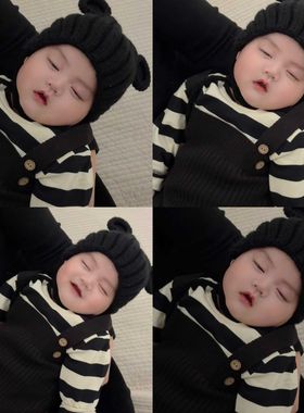 黑灰色系新款韩版婴儿宝宝护耳防寒纯手工钩织儿童百搭套头帽