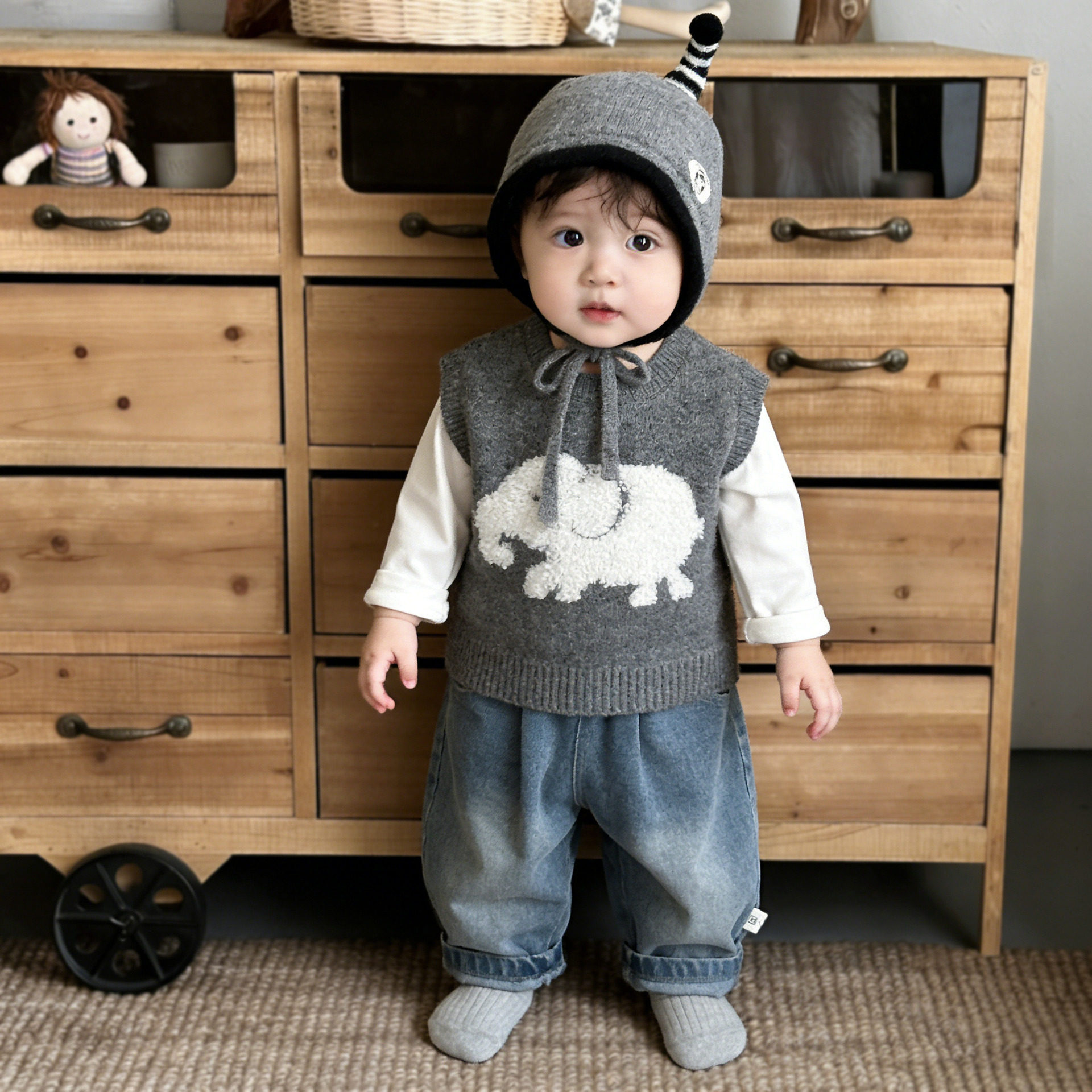 早春超萌婴幼儿针织马甲三件套宝宝可爱卡通背心打底衫百搭牛仔裤,童装/婴儿装/亲子装,套装,淘宝优惠券,粉丝福利购,淘宝优惠卷