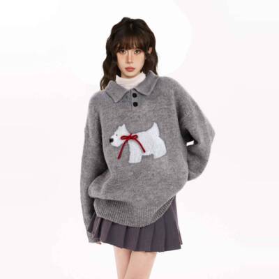 灰色OLO翻领小狗头毛女秋冬衣套春秋高级cmuwsaf感加P厚慵懒风羊