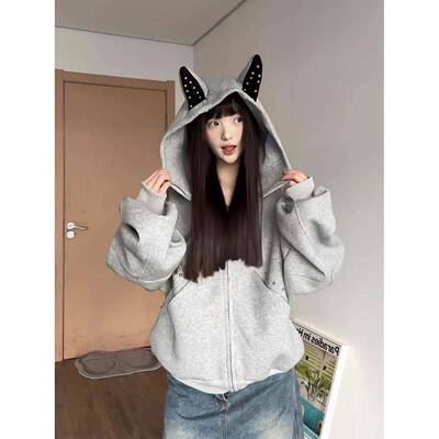 HDX衫美式铆秋杜宾犬钉耳朵连帽运动衫女季宽松甜酷风设计感短款