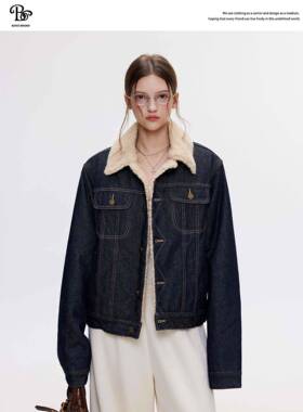 BZX冬O高级感牛仔羊羔毛绒外套女季新款加宽加厚SJG松显瘦夹克上