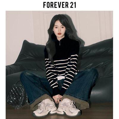 orever21秋冬慵懒风加XX-806-1F厚 针织毛衣女黑拉色条纹长袖半炼