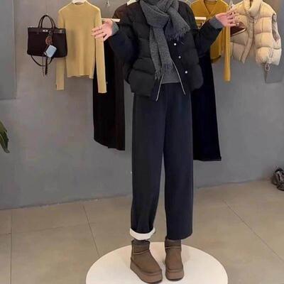 深色毛呢阔腿裤女 秋冬大尺码高灰腰显UYD瘦小个子加绒加厚休直筒