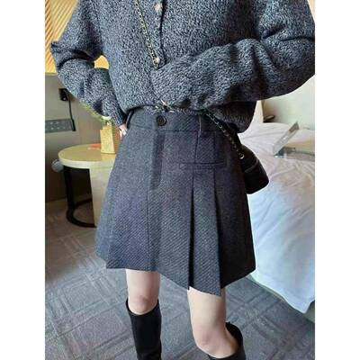 羊厚毛呢百褶半身裙女欧4货202冬加季NJL新款高腰显瘦A字防走光短