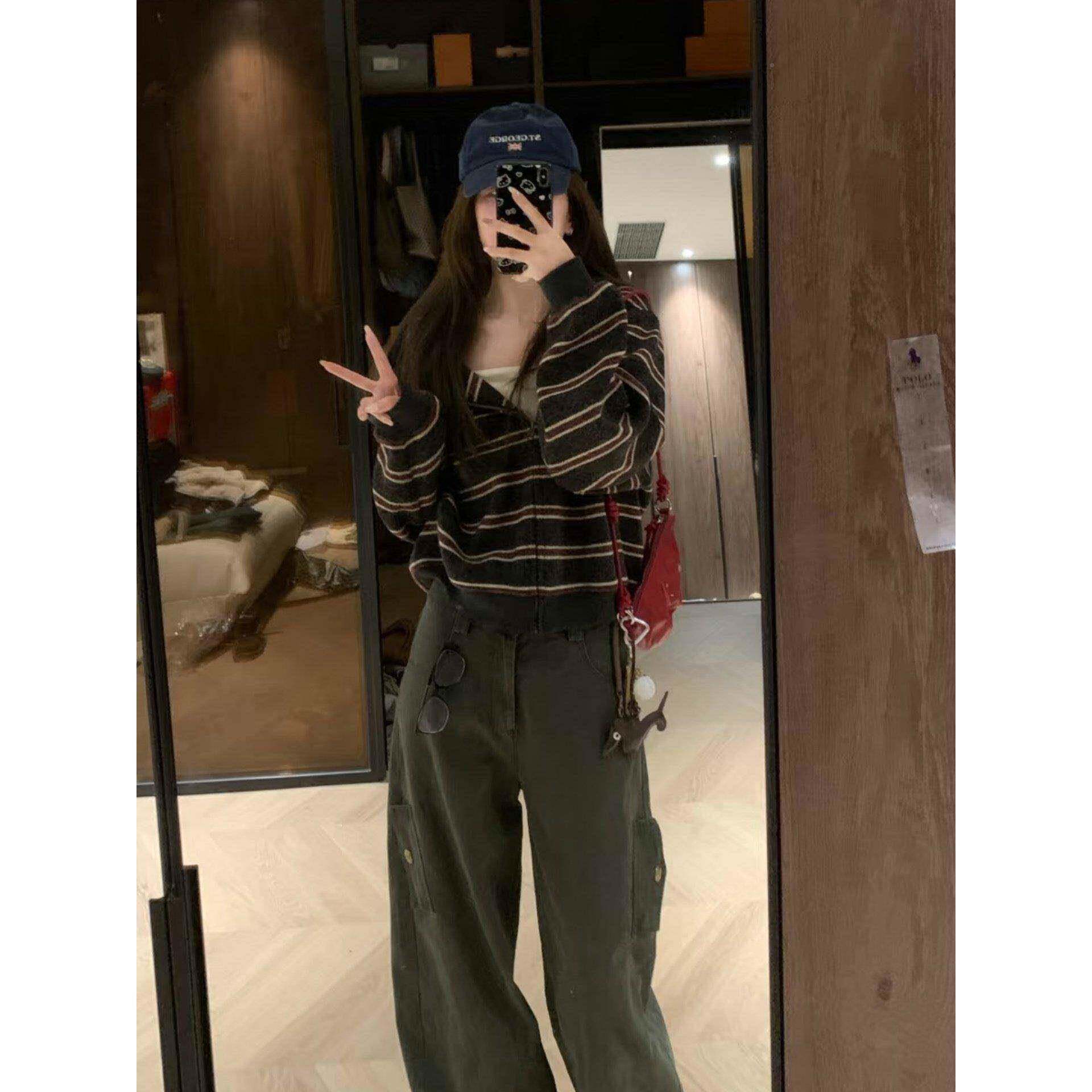 Dais宽y Bom冬b 休慵懒随性条纹ZKW连帽松闲卫衣外套女秋长袖上衣