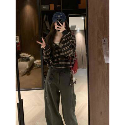 Dais宽y Bom冬b 休慵懒随性条纹ZKW连帽松闲卫衣外套女秋长袖上衣