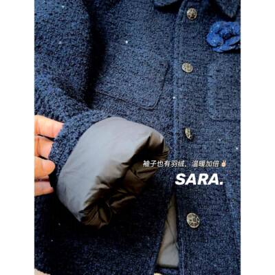 藏青色绒毛内胆翻EMJ花领羊小羽香风外套女冬加厚保暖粗呢毛呢夹