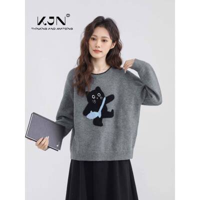 灰色圆领搭套头毛WIW衣女2025秋冬新款卡通个小猫内衫针织小子短