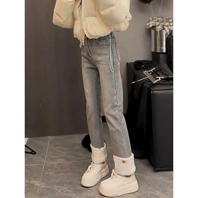 绒梨形2823身材直筒牛仔裤202天4秋冬鹅新款加厚百搭显瘦胖mm高腰