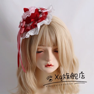 原创条纹草莓头饰蕾丝Lolita手作礼帽洛丽塔可爱草莓ap蝴蝶结扁帽
