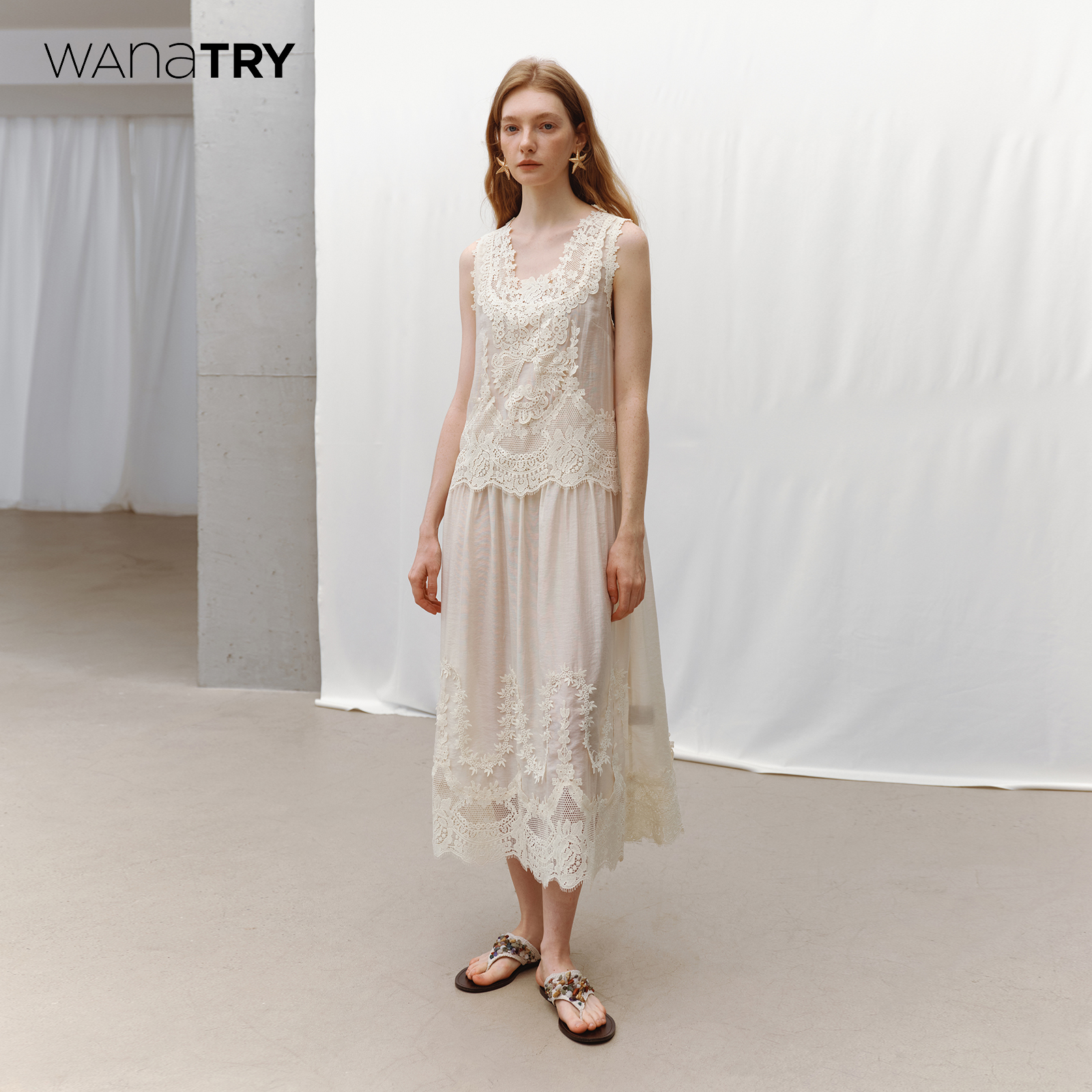 wanatry米杏色亚麻刺绣连衣裙