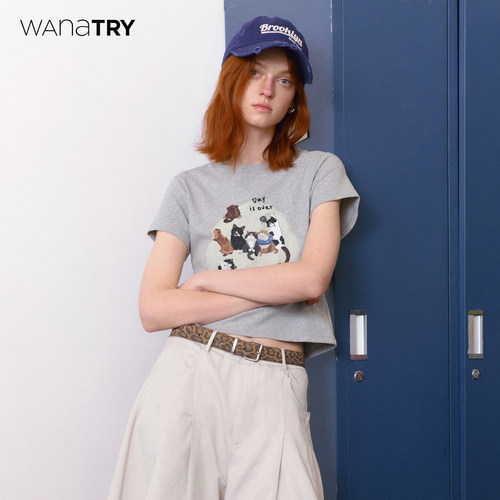 wanatry灰色韩系猫咪休闲T恤