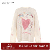 新款 wana try手绘可爱图案杏粉色T恤2025秋季 宽松简约百搭上衣女