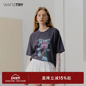 女款 T恤 try全棉卡通趣味做旧涂鸦灰色夏季 新款 明星同款 wana