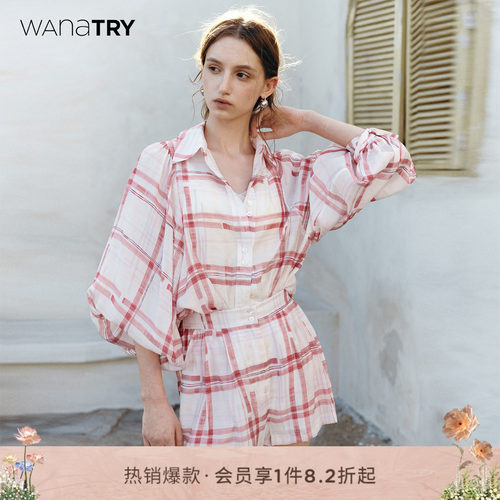 wanatry格纹宫廷袖衬衫短裤套装