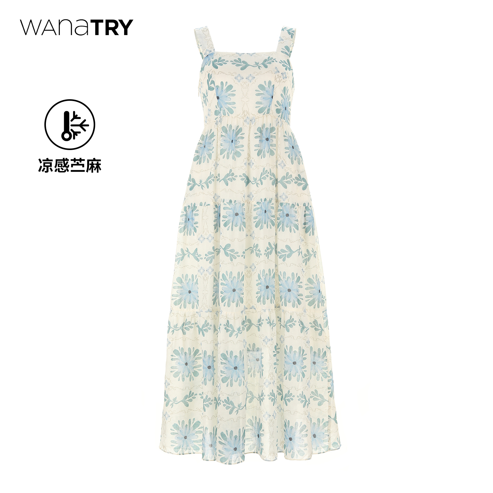 wanatry蓝色清新感苎麻连衣裙