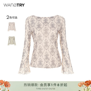 新款 wana try印花一字领喇叭袖 收腰身显瘦打底2025秋季 上衣 女款