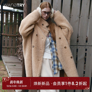 女翻领外套高级毛毛上衣 新款 wana try绵羊毛复合皮毛一体大衣冬季