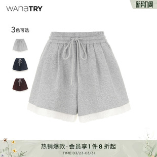 秋款 花边抽绳清纯韩系简约日常休闲韩系灰色短裤 女 try运动裤 wana