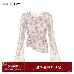 柔软温柔女款 wana 新款 2025秋季 上衣 try印花松紧抽褶杏色打底衫