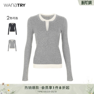 新款 冬季 女灰色假两件简约上衣内搭 try羊毛拉链半开襟针织衫 wana