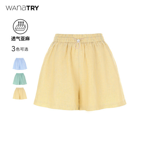wanatry夏日格子复古亚麻短裤