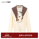try减龄涂鸦狗狗印花长袖 T含手缝装 饰扣披肩2025冬季 wana 新款 女