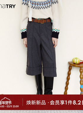 wana try羊毛极简通勤翻折边七分裤深灰色2025冬季新款气质女裤