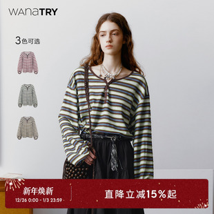 长袖 宽松休闲女款 try条纹拼小V领设计感上衣2025早秋新款 wana