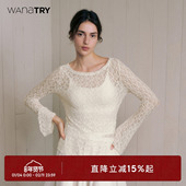 女装 wana 含背心奶白色2025冬季 新款 try蕾丝一字领喇叭袖 口打底衫