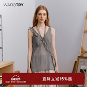 wana 裙子 休闲女款 try荷叶边领流浪感灰绿色背心裙2025夏季 新款